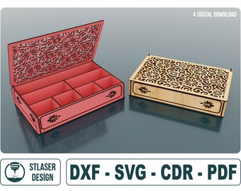 File Svg di scatola di gioielli tagliati al laser, file di scatole regalo in legno, file vettoriali per il taglio laser del legno