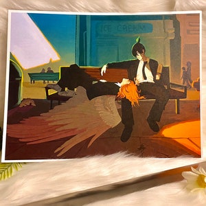 Aki Angel on a Bench Art Print, csm, Aesthetic, Style, Drawing, 4x6, 8 1/2x11, 11x17