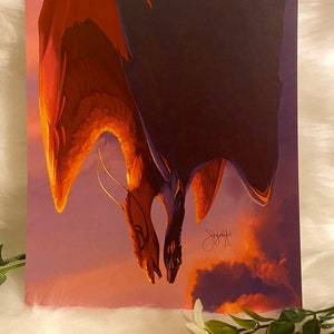 SkyDive Dragon Art Print, Sunset, Fantasy, Aesthetic, Style, Drawing, 4x6, 8x10, 11x17