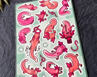 Derpy Axolotl Sticker Sheet: Glossy Vinyl Animal Stickers