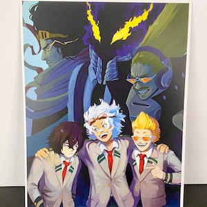May include: Three anime characters in school uniforms stand together. The character on the left is wearing a dark blue blazer with a green tie. The character in the middle is wearing a light grey blazer with a red tie. The character on the right is wearing a light grey blazer with a red tie and has blonde hair. The background is a dark blue and purple colour with a shadowy figure in the background.