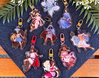 Llavero acrílico de doble cara con la Odisea Épica, Odiseo, Penélope, Circe, Posideón, Hermes, Calipo, Eolo y Atenea.