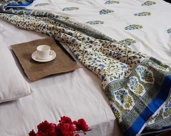 Dohar de algodón con estampado de bloques a mano - Manta reversible de aire acondicionado floral Jaipuri
