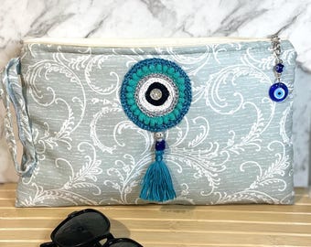 Pochette da sera boho fatta a mano con occhio di Allah / Borsa da sera con frange all'uncinetto