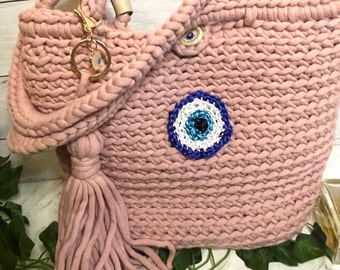 Handmade Bag | T-Shirt Yarn | Crochet Yarn | Pink Yarn | Summer Handbag| Crochet Bag | Gift For Her | handles| evil eye charm| solid base