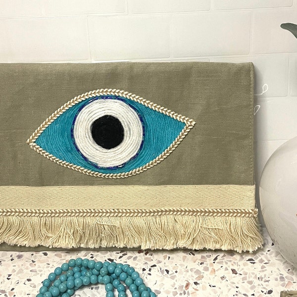 Evil eye| handmade| boho clutch bags| linen| cotton| macrame| French green| fully lined| essential clutch bags, handmade in Australia|