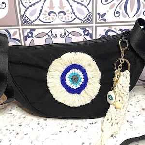 Evil Eye Handmade Boho Sling Bag eye| handmade| black bag| fully lined| day| evening| essential  bags, handmade in Australia| Boho Sling
