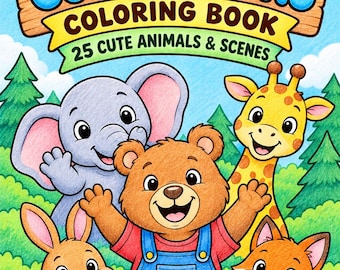 May include: A coloring book titled COZY COMPANIONS COLORING BOOK 25 CUTE ANIMALS & SCENES. The cover features a brown bear in blue overalls, a gray elephant, a yellow giraffe, a brown rabbit, and a fox in a green grassy field.