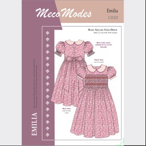 Peut inclure: Un patron de robe à imprimé floral rose avec un design de col carré. Le patron comprend des options de manches longues et courtes et des tailles pour les enfants de 2 à 12 ans. La marque "Meco Modes" est en haut.