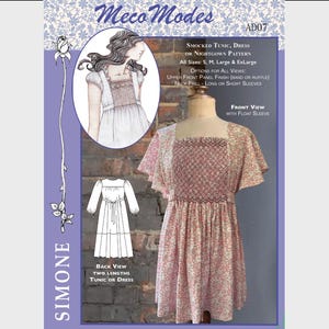 May include: A sewing pattern for a smocked tunic, dress, or nightgown. The pattern includes options for different views, sizes S, M, Large, and ExLarge. The front view shows a dress with float sleeves. The pattern is labelled "Simone" and "Meco Modes".