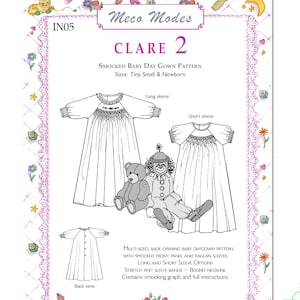 May include: A sewing pattern for a smocked baby day gown, featuring long and short sleeve options. The pattern includes a smocking graph and full instructions. The image shows illustrations of the gown, a teddy bear, and a clown doll.