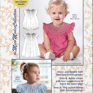 May include: A sewing pattern for a baby bubble and dress with two sleeve options. The pattern includes instructions for a ruffle sleeve and a puff sleeve. The pattern is for sizes newborn to 24 months.