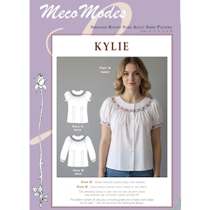 Può includere: Una busta di cartamodello per la camicia da adulto con sprone arricciato Kylie di Meco Modes. La copertina mostra una camicia bianca a maniche corte con dettagli arricciati marroni, disegni delle viste A e B e le taglie dalla 10 alla 18.