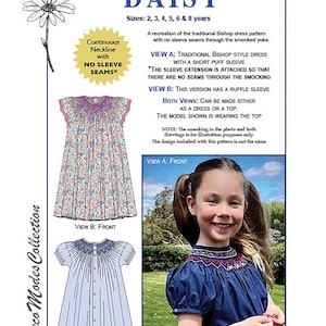 Könnte beinhalten: Schnittmuster "DAISY" für Kinderkleider, Größen 2 bis 8 Jahre. Das Muster bietet zwei Varianten: ein Bishop-Kleid mit Puffärmeln und eine Version mit Rüschenärmeln. Es zeigt einen durchgehenden Halsausschnitt ohne Ärmelnähte.