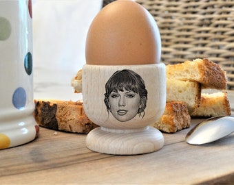 Taylor's Face Engraved on a Wooden Egg Cup, Birthday, Christmas, Mothers Day Gift. Fun Breakfast Times for Boiled Eggs and Soldiers