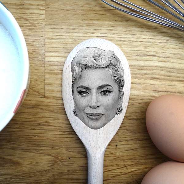 Lady Gaga's Face Engraved on a Wooden Spoon (30cm), Birthday, Christmas, Mothers/ Fathers Day Gift. A Star is Born. Poker Face. Bad Romance.
