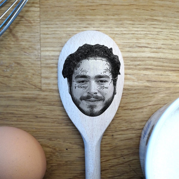 Post Malone's Face Engraved on a Wooden Spoon (30cm), Birthday, Christmas, Mothers Day Gift. Stoney, Hollywood's Bleeding, White Iverson