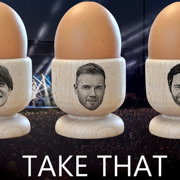 New! Take That's Faces Engraved on Wooden Egg Cups. Gary Barlow, Mark Owen or Howard Donald. UK Pop Group. This Life On Tour.