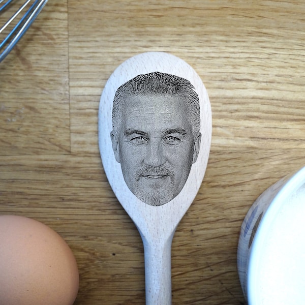 Paul Hollywood's Face Engraved on a Wooden Spoon (30cm), Birthday, Christmas Gift. The Great British Bake Off.