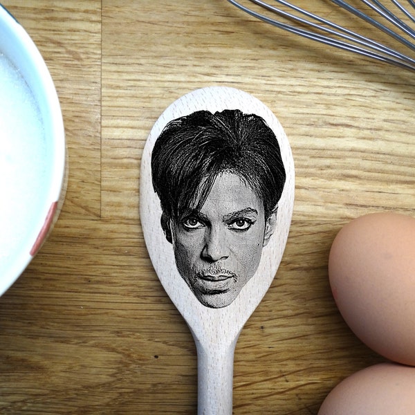 Prince's Face Engraved on a Wooden Spoon (30cm), Birthday, Christmas Gift. Purple Rain, When Doves Cry, Little Red Corvette, Alphabet St.