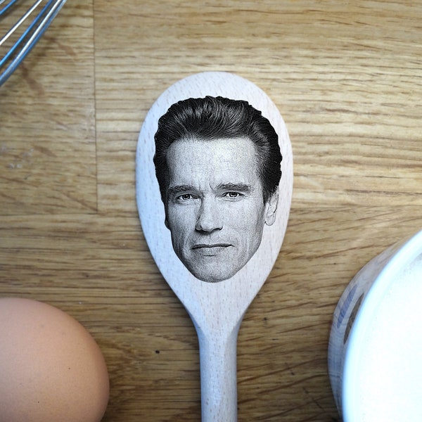 Arnold Schwarzenegger's Face Engraved on a Wooden Spoon (30cm), Birthday, Christmas Gift. Terminator, Commando, Conan, Twins, Body Builder