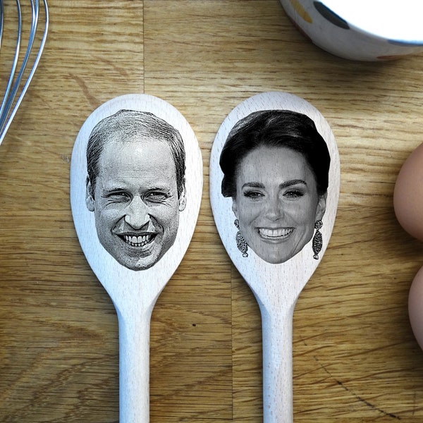 Prince William and Princess Katherine's Faces Engraved on a Wooden Spoon (30cm), HRH Prince & Princess of Wales. Birthday, Christmas Gift