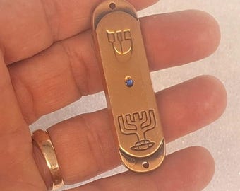 RARE !!!  COPPER  MEZUZAH  case turquoise ston israel  judaica  jewish