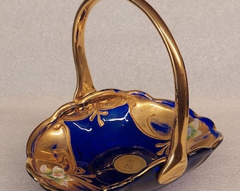 encantador vintage MURANO vidrio hecho a mano pintado ORO 18K azul pequeña cesta italia