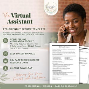 Może przedstawiać: Cyfrowy szablon CV dla wirtualnego asystenta, zawierający tekst The Virtual Assistant ATS-Friendly Resume Template, zestaw narzędzi aplikacyjnych, kompatybilność z Canva, przewodnik kariery na ponad 50 stronach oraz opcję natychmiastowego pobrania.