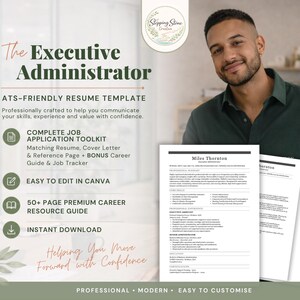 Pode incluir: Um modelo de currículo digital intitulado The Executive Administrator, com um layout compatível com sistemas ATS. O documento inclui seções para resumo profissional, habilidades principais, experiência e certificações, além de um kit de ferramentas.