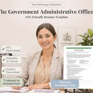May include: A professional resume template for a Government Administrative Officer. The image features a woman smiling, with a resume template in the foreground. The template is ATS-friendly, editable in Canva, and available for instant download. The design offers seven color options.