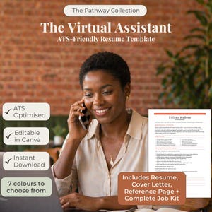 May include: A person on a phone call, with a laptop and resume template. The template is titled "The Virtual Assistant" and is ATS-friendly. Includes resume, cover letter, reference page, and complete job kit. Available in 7 colours.