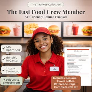 Può includere: Un modello di curriculum per un membro del team di fast food. L'immagine mostra una persona sorridente con uniforme e berretto rossi. Il modello di curriculum include una lettera di presentazione, una pagina di riferimento e un kit di lavoro completo.