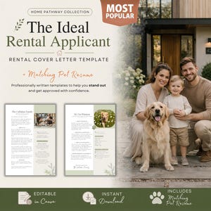 May include: A rental cover letter and pet resume template. The design features a family with a golden retriever, and the text "The Ideal Rental Applicant". The template is editable in Canva and available for instant download.