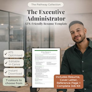 May include: The Executive Administrator ATS-Friendly Resume Template. The image shows a resume template with the text "Miles Thornton" and includes a resume, cover letter, reference page, and complete job kit. It is ATS optimized, editable in Canva, and an instant download.