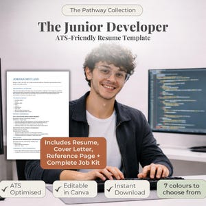 Può includere: Un modello di curriculum vitae "The Junior Developer" con il testo "ATS-Friendly Resume Template". L'immagine include un curriculum, una lettera di presentazione e una pagina di riferimento. Il modello è ottimizzato per ATS, modificabile in Canva e scaricabile istantaneamente con sette opzioni di colore.