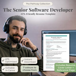 以下が含まれることがあります： 「The Senior Software Developer ATS-Friendly Resume Template」のテキストが入った、シニアソフトウェア開発者向けの履歴書テンプレート。履歴書、カバーレター、参照ページが含まれています。ATS最適化、即時ダウンロード可能、Canvaで編集可能。