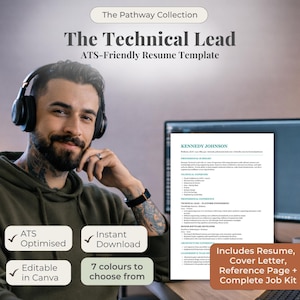 Puede incluir: Una plantilla de currículum titulada "The Technical Lead" con el texto "ATS-Friendly Resume Template". La imagen incluye una persona con auriculares, una pantalla de ordenador que muestra un currículum y iconos que indican características como "ATS Optimizado" y "Descarga instantánea".