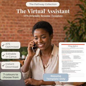 May include: A woman smiles while on a phone call, with a laptop and resume template visible. The image promotes "The Virtual Assistant" resume template, ATS-optimized, editable in Canva, and an instant download, with 7 color options.