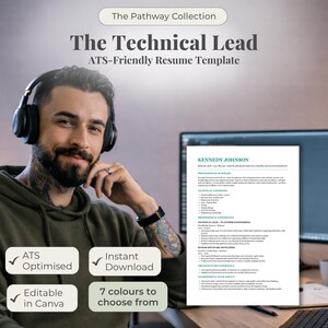 May include: A resume template titled "The Technical Lead" with the text "ATS-Friendly Resume Template." The image includes a person wearing headphones, a computer screen displaying a resume, and icons indicating ATS optimization, instant download, and Canva editing.