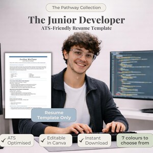 以下が含まれることがあります： The Pathway CollectionのJunior Developer向け履歴書テンプレート。画像には、コンピューターの前で笑顔の人が写っており、履歴書が表示されています。テンプレートはATS対応で、Canvaで編集可能、即時ダウンロード可能で、7色のオプションがあります。