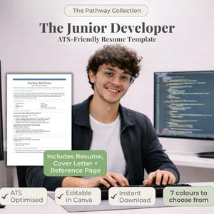 以下が含まれることがあります： 「The Junior Developer」という名前の「The Pathway Collection」の履歴書テンプレート。画像には、キーボードを叩きながら笑顔の人が写っています。履歴書にはカバーレターと参照ページが含まれており、ATSに最適化され、Canvaで編集可能で、7つのカラーオプションで即時ダウンロードできます。