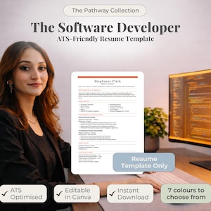 以下が含まれることがあります： 「The Software Developer」というタイトルの履歴書テンプレートで、「ATS-Friendly Resume Template」というテキストが入っています。画像には女性、コンピューターモニター、そして「ATS最適化済み」、「Canvaで編集可能」、「即時ダウンロード」と書かれたテキストボックスが含まれています。