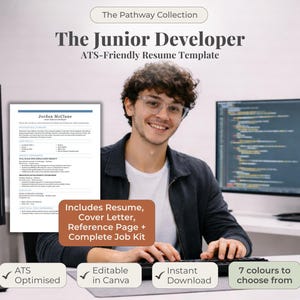 以下が含まれることがあります： 画像は、「The Pathway Collection」の「The Junior Developer」というタイトルの履歴書テンプレートを示しています。テンプレートには、履歴書、カバーレター、参照ページが含まれています。テンプレートはATS対応で、Canvaで編集可能です。7色から選択できます。