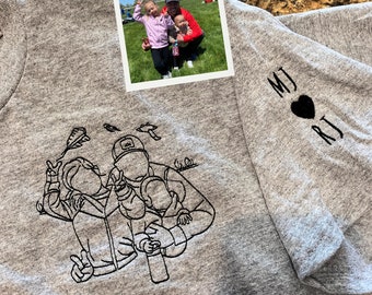 Embroidered Father Day Sweatshirt, Dad Hoodie, Personalized Gifts for Dad from Daughter or Son with Outline Portrait Photo Initial Sleeve