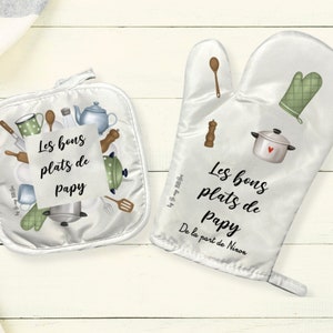 Customizable oven mitt and pot holder, "Grandpa's Good Dishes" design