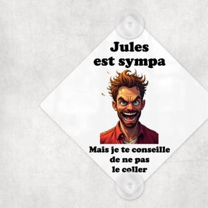 Peut inclure: Un panneau blanc avec une illustration de dessin animé d'un homme avec une barbe et une chemise rouge. Le panneau dit "Jules est sympa mais je te conseille de ne pas le coller".