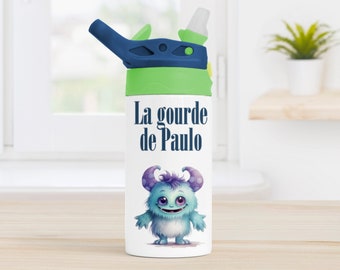 Gourde Isotherme 360ml avec Paille et Bouchon Coloré au choix, motif petit monstre