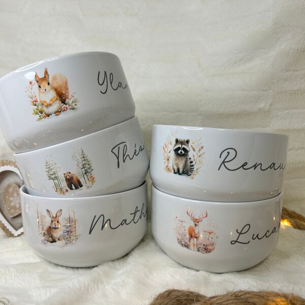 Personalized ceramic bowl, chocolate bowl, cereal bowl model forest animals in winter