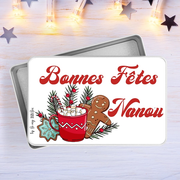 boite personnalisée, boite à biscuits en métal modèle petit biscuit de noël, bonhomme pain d'épices, cadeau nounou personnalisé, cadeau mami